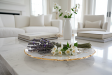 Load image into Gallery viewer, Dry and fresh lavender flower and fresh jasmine on a frosted white and gold leaf plate with a white high-end family room background
