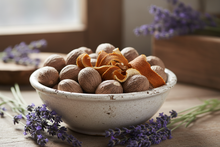 Load image into Gallery viewer, dry nutmeg balls with dried orange peels and fresh blooming lavender flowers all around sitting in a white aged bowl 
