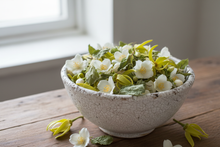 Load image into Gallery viewer, Fresh jasmine &amp; ylang ylang flowers with dried spearmint leaf in a white aged bowl 
